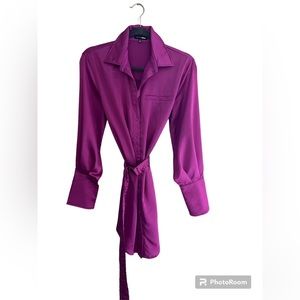 Silky, long sleeve, fuchsia wrap dress